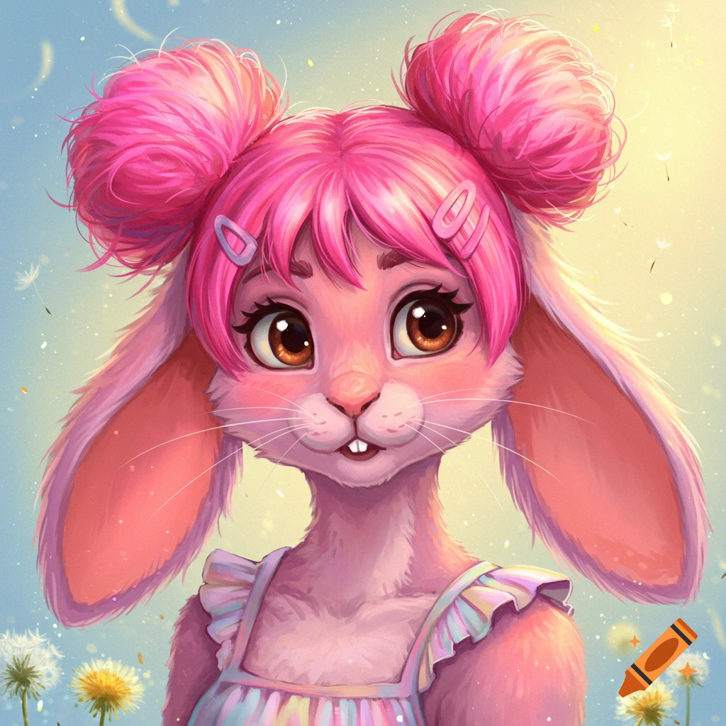 Cartoon illustration of a pink anthro rabbit character with bright pink hair in buns wearing a ruffled dress in a sunny field
