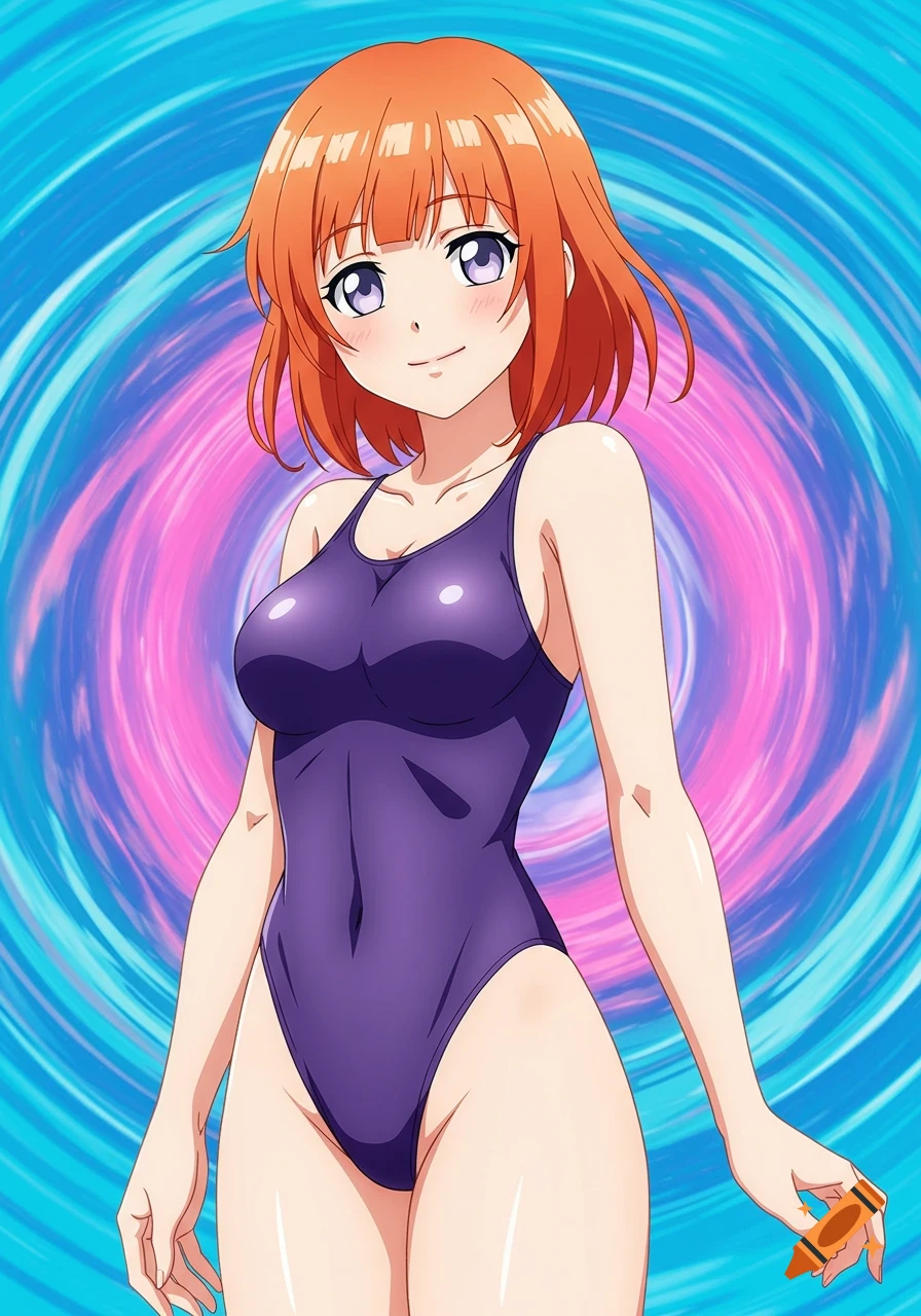 An anime character with orange hair in a purple swimsuit stands against a swirling blue and pink background.