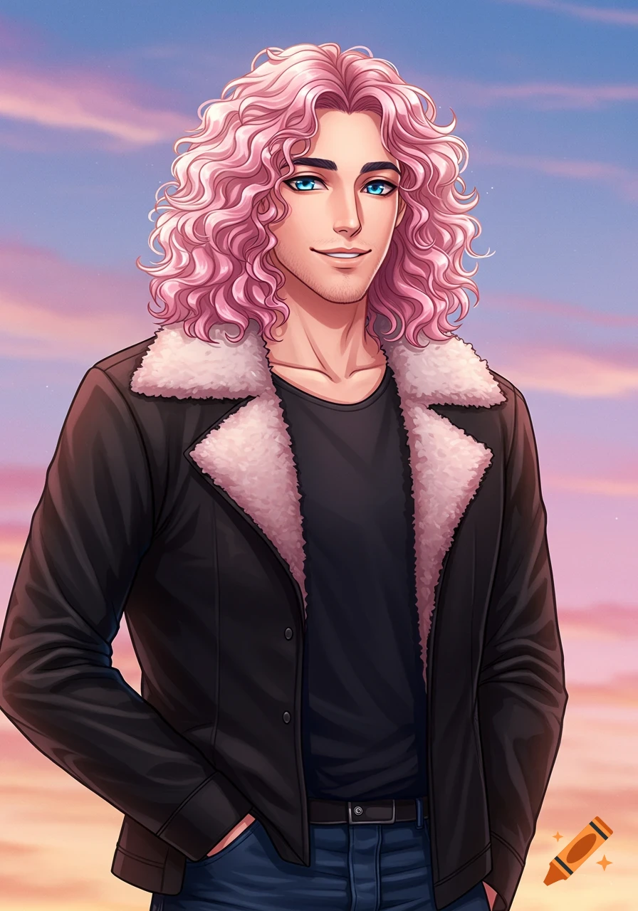 Anime portrait of a man with pink curly hair, blue eyes, and a fur-lined jacket smiling against a sunset sky