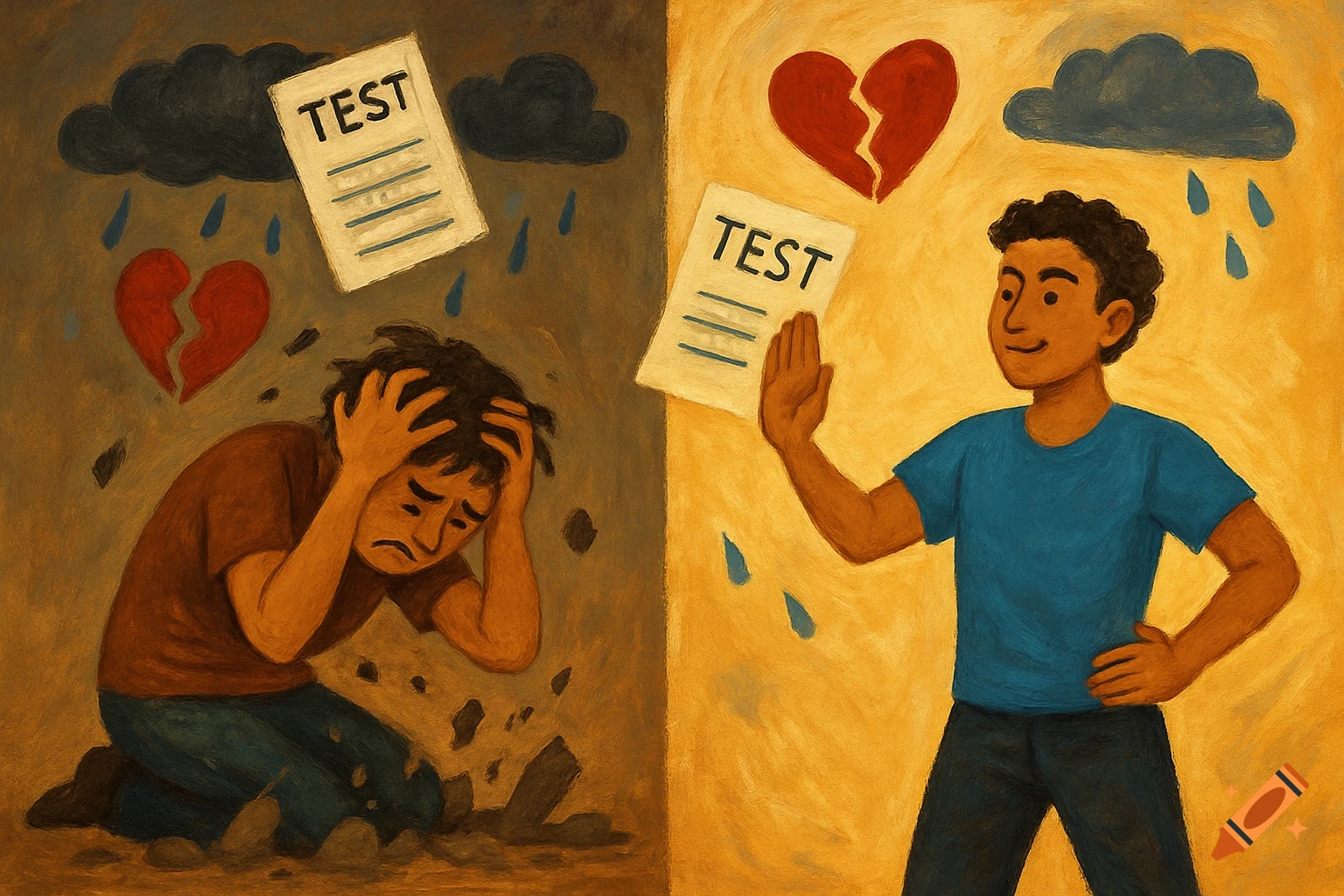 Split illustration of person overwhelmed by test, broken heart, and rain vs. person deflecting them confidently.