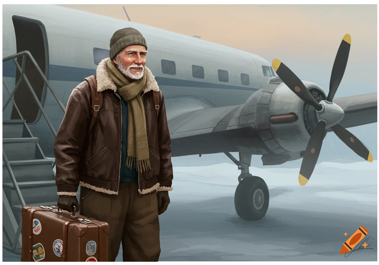 Illustration of an old man with a suitcase standing next to a vintage airplane, dressed for cold weather.