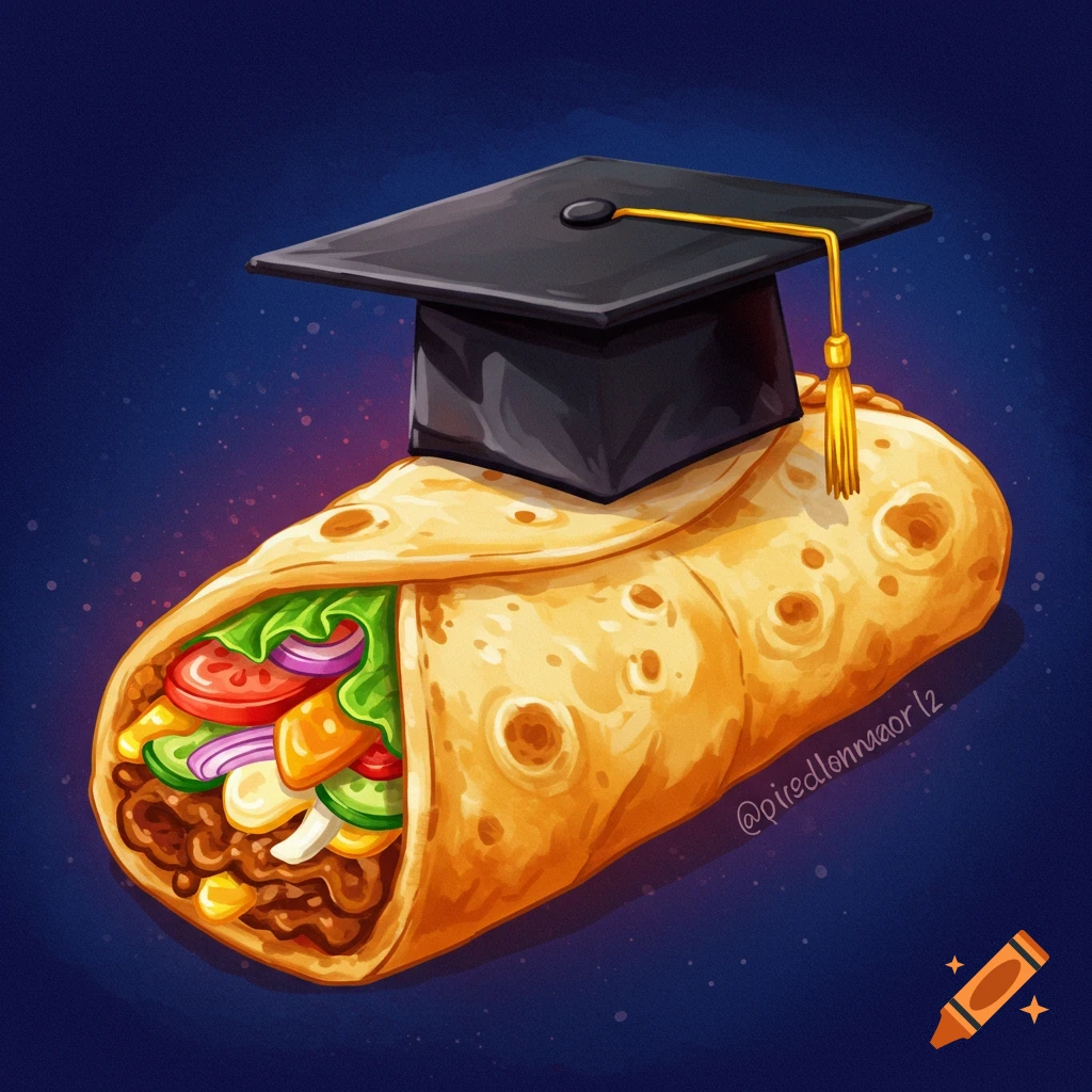Cartoon illustration of a burrito wearing a graduation cap