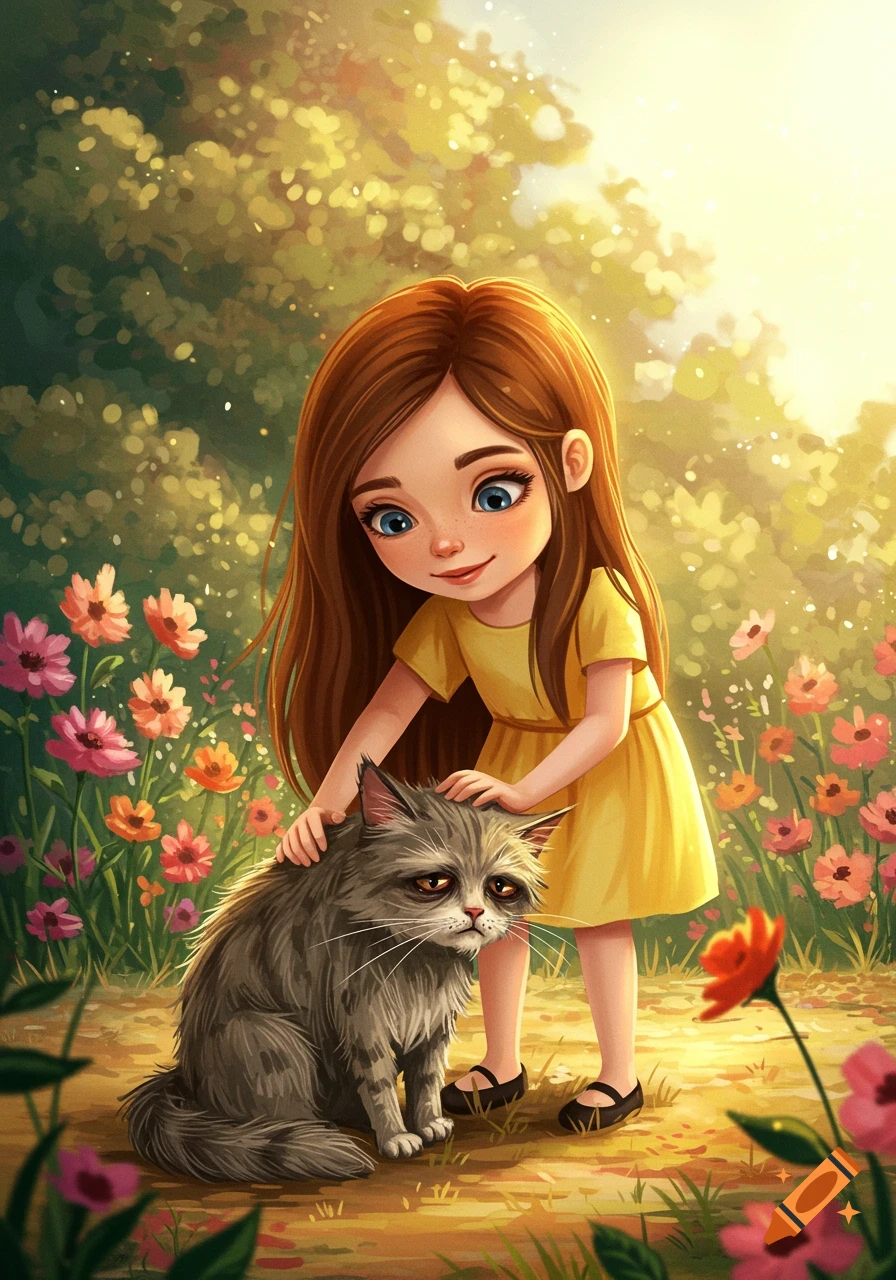 Cartoon girl pets a sad cat in a sunny flower garden