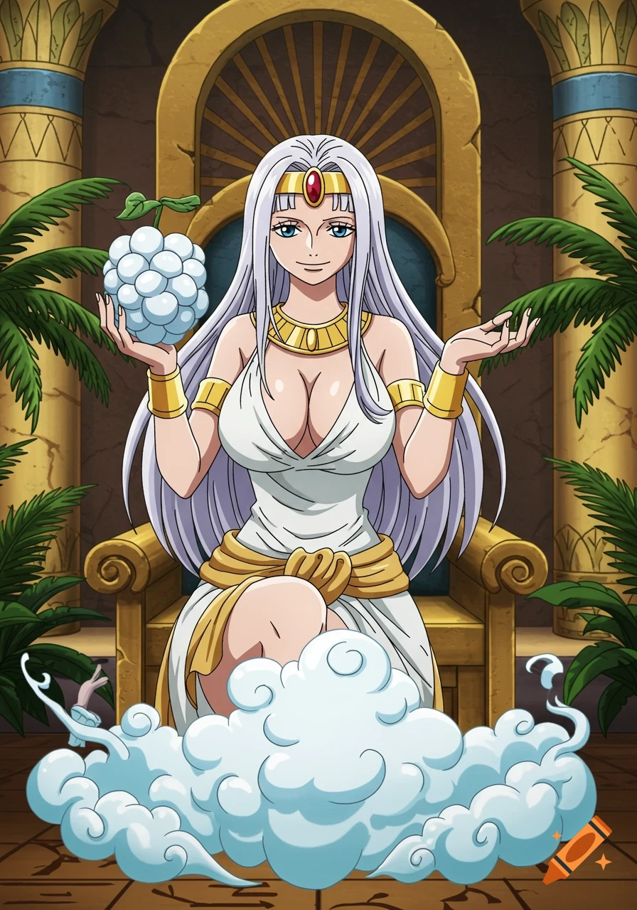 Anime woman with white hair in Egyptian attire holds a fruit on a throne.