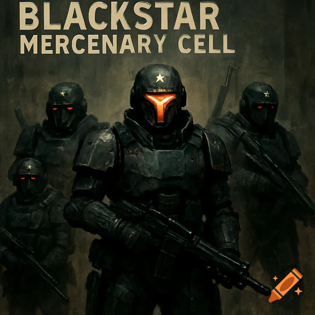 Soldiers in dark futuristic armor holding rifles, with text 'BLACKSTAR MERCENARY CELL'.