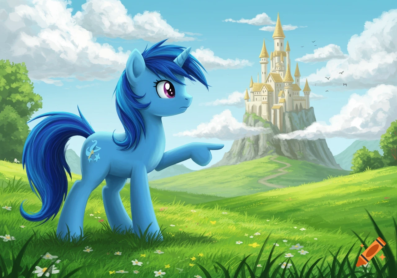 A blue cartoon pony points toward a distant fantasy castle in a grassy field under a cloudy sky.