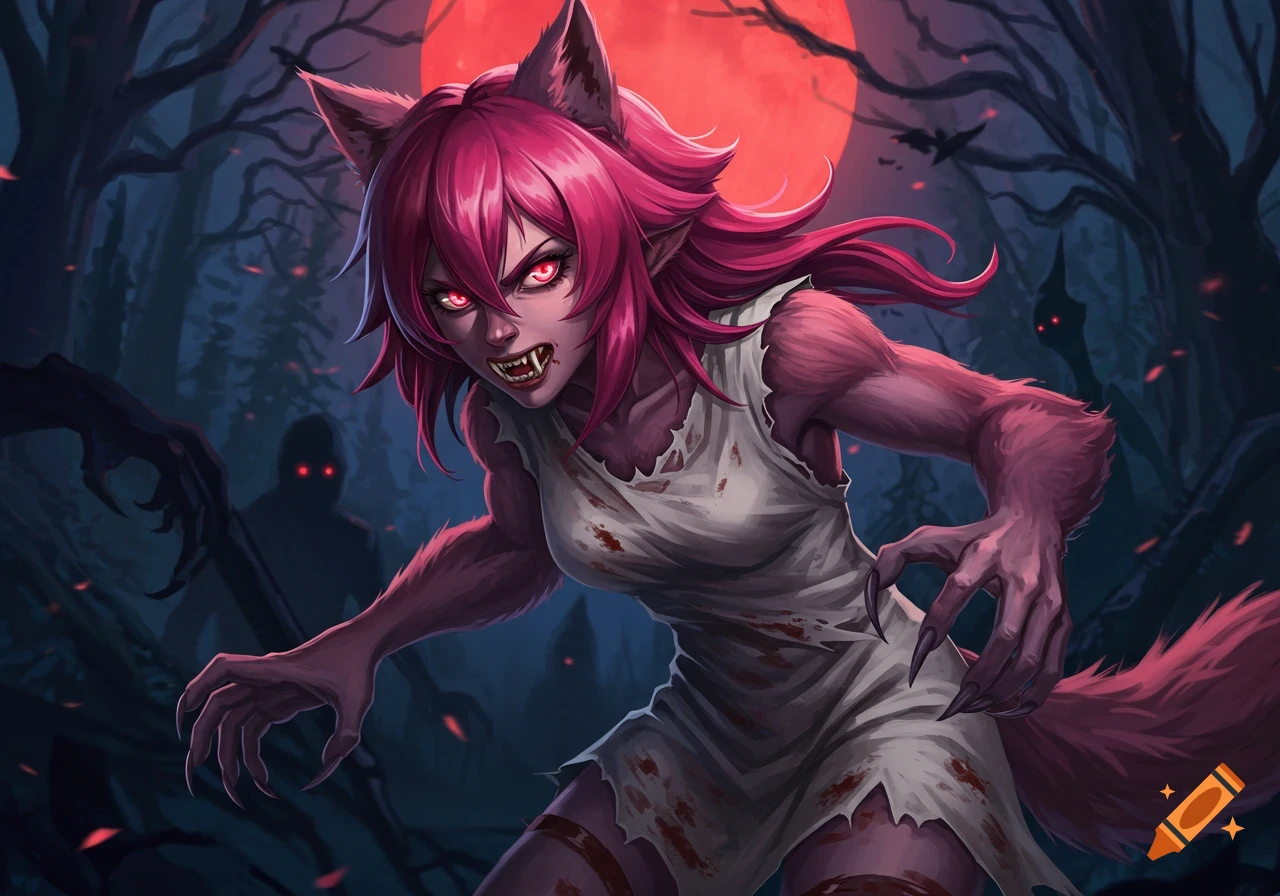 Anime-style werewolf girl with pink hair in a torn dress in a dark forest under a blood moon.