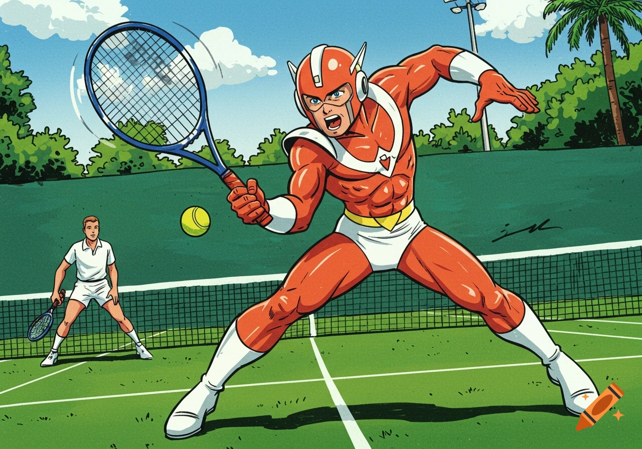 A superhero in a red costume plays tennis on a court against another player, in a comic art style.