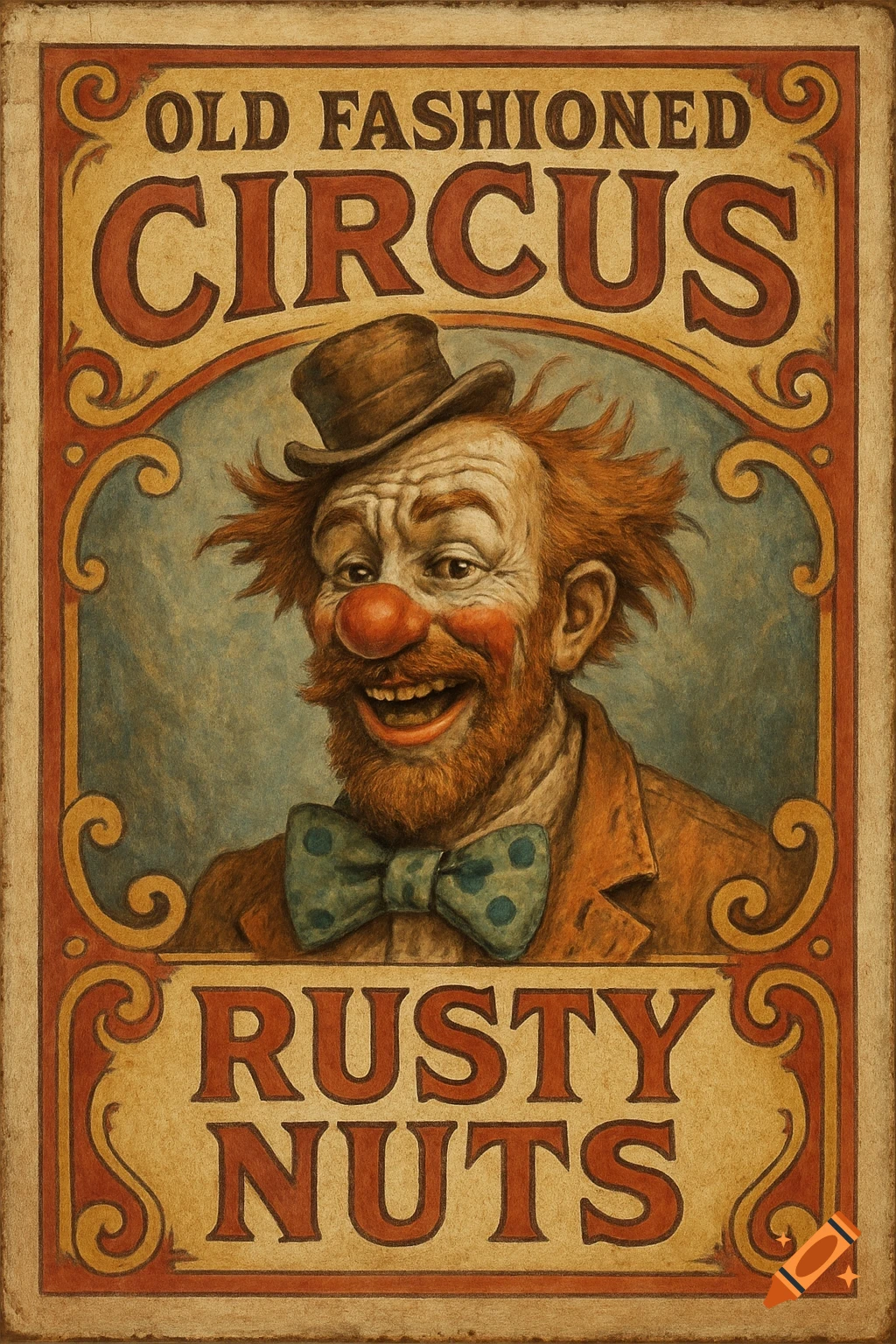 An old-fashioned circus poster with a smiling clown, reading OLD FASHIONED CIRCUS and RUSTY NUTS.