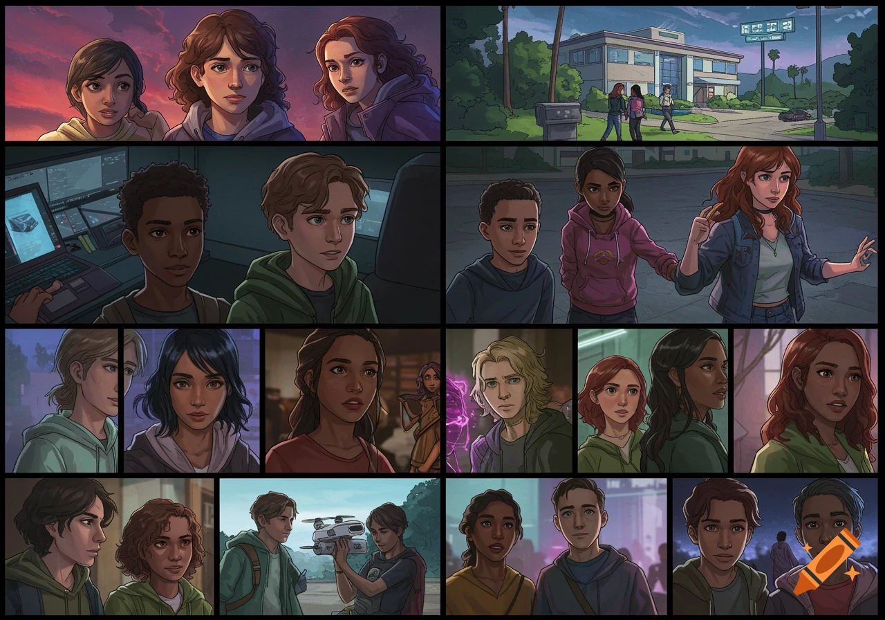 Illustration grid showing diverse young characters in an animation or graphic novel style.