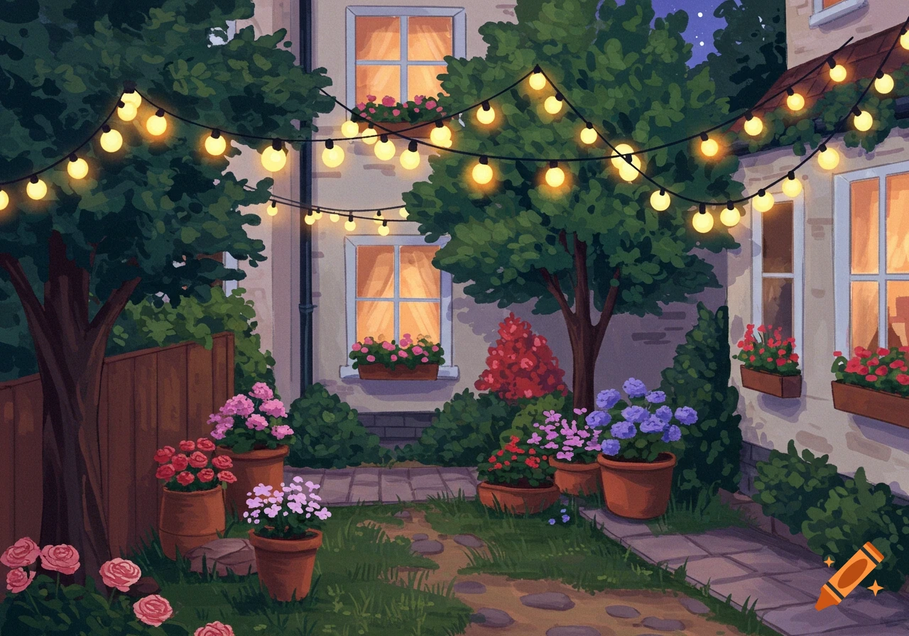 An illustration of a cozy garden at twilight with string lights, flowers, and a building.