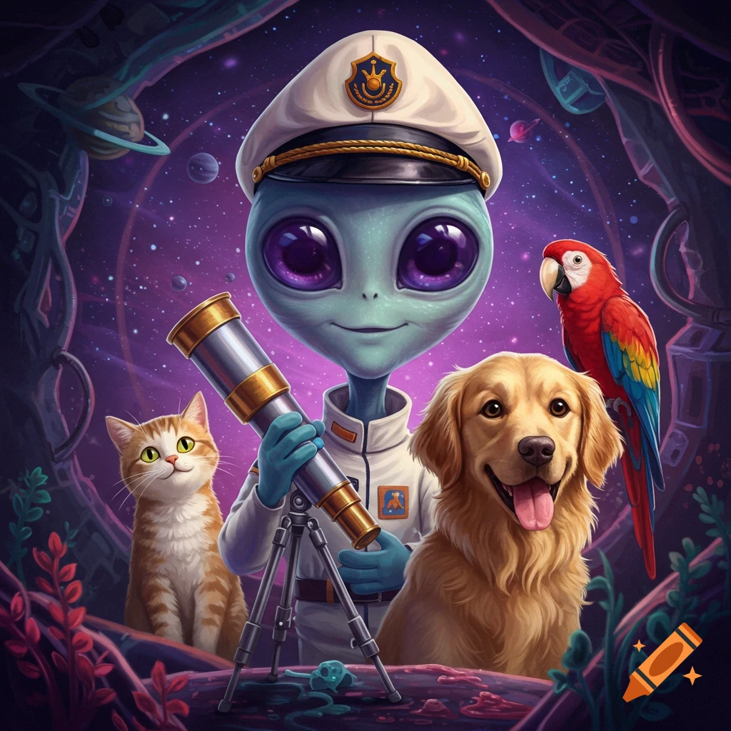 Cartoon alien captain with a telescope, cat, dog, and parrot in space.