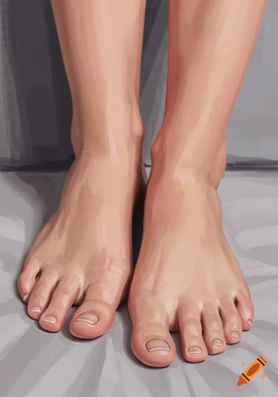 Close-up digital painting of two feet standing on a grey surface.