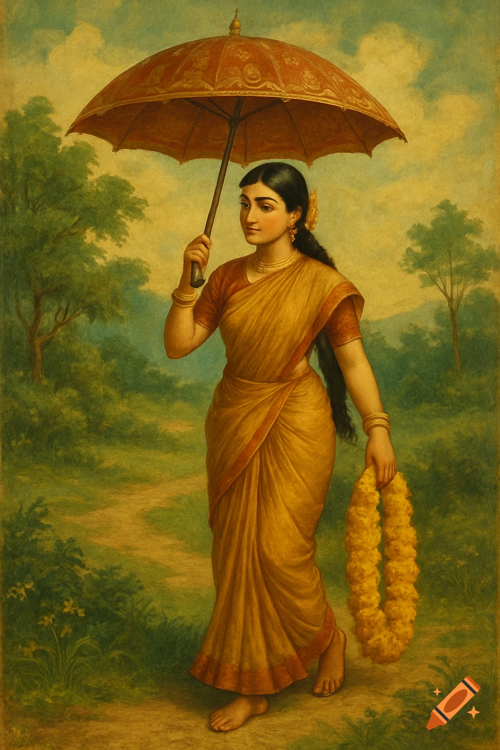 Painting of a woman in a yellow saree holding an umbrella and a garland, walking on a path.