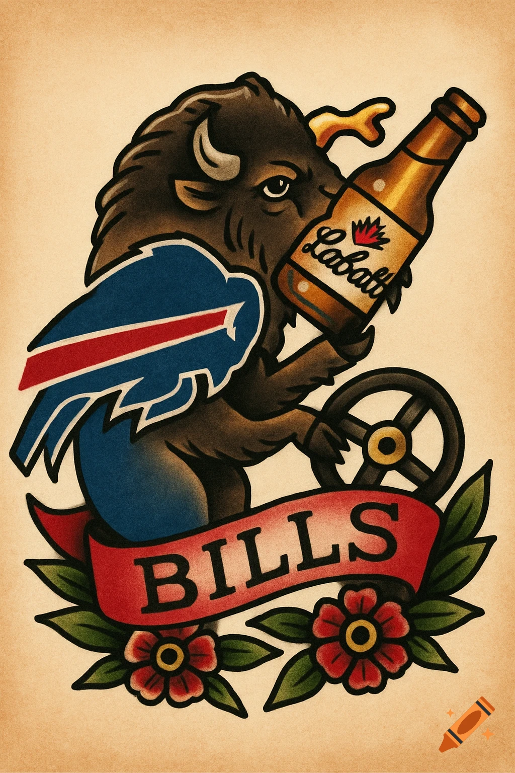 Traditional tattoo style illustration of a buffalo with Buffalo Bills wings, holding a beer bottle and steering wheel, with a banner.