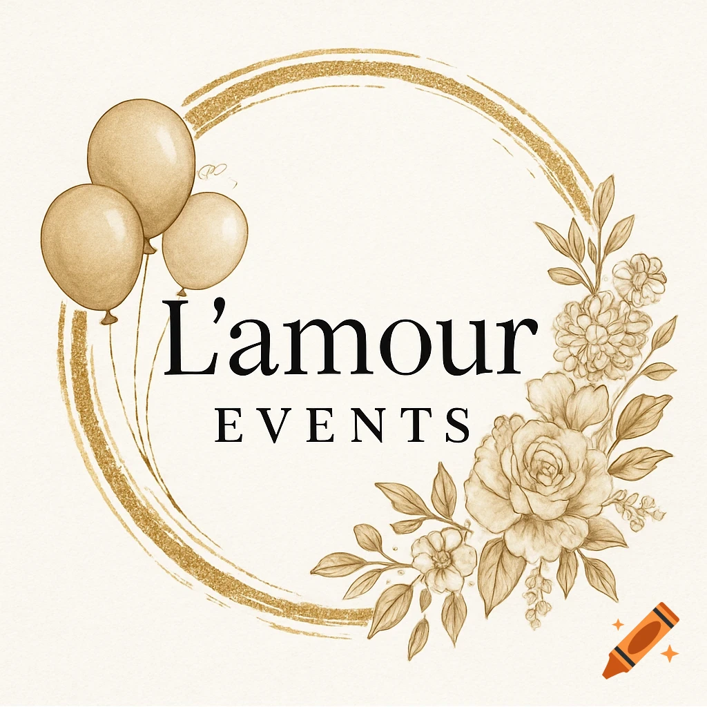 Logo for L'amour EVENTS with gold glitter circle, floral elements, and balloons in sepia tones.