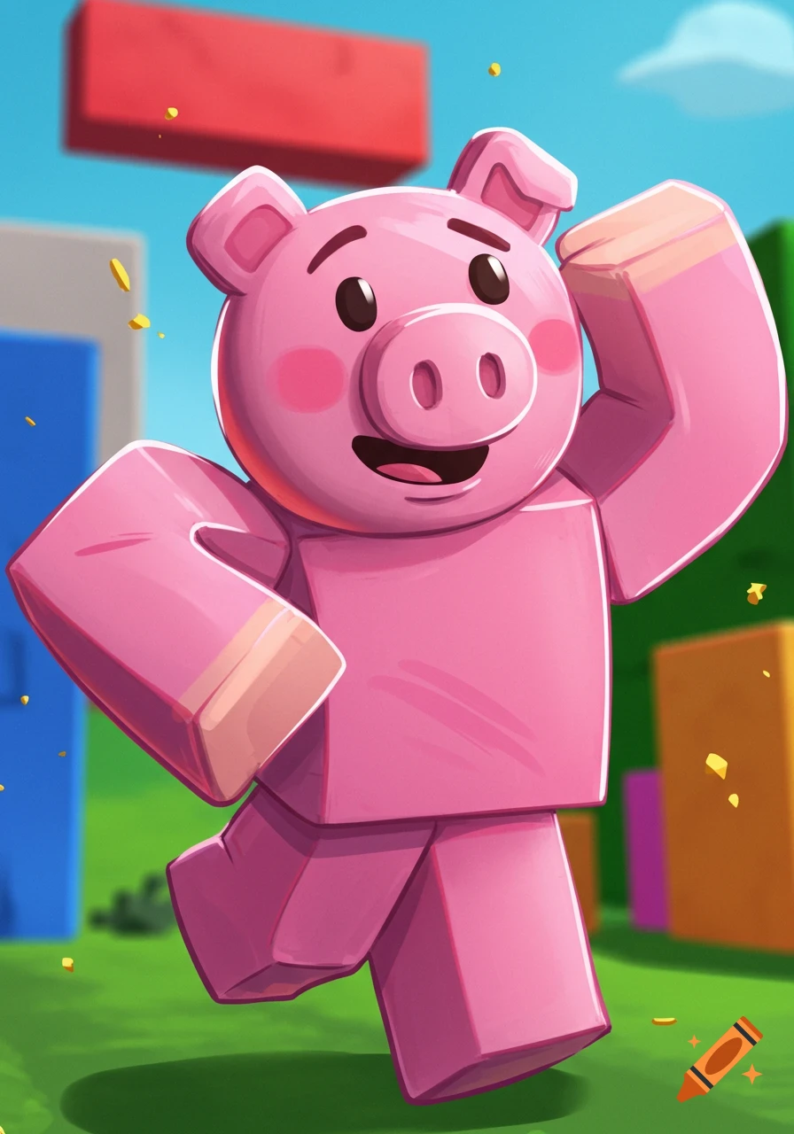 Pink blocky pig character runs through a grassy area with blocky objects.