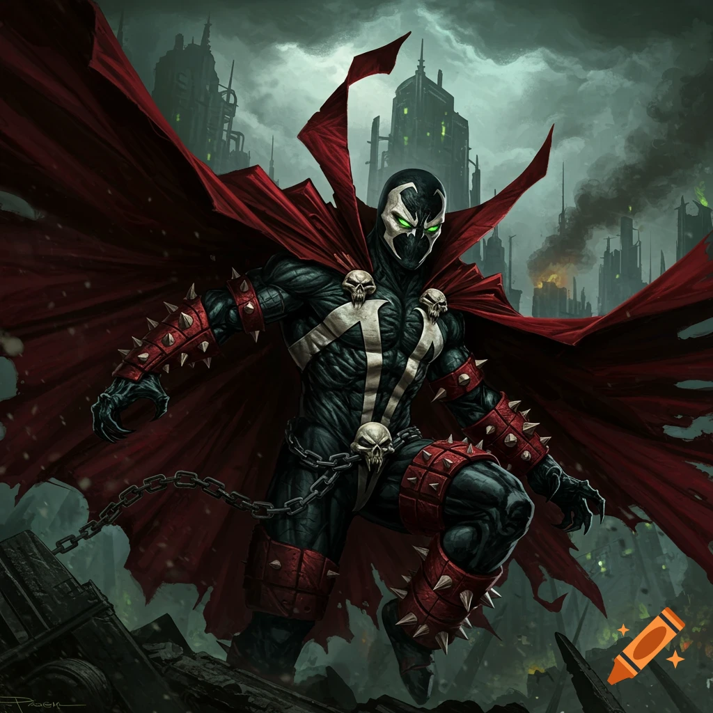 Spawn, a comic book character, stands in a ruined city with his red cape billowing