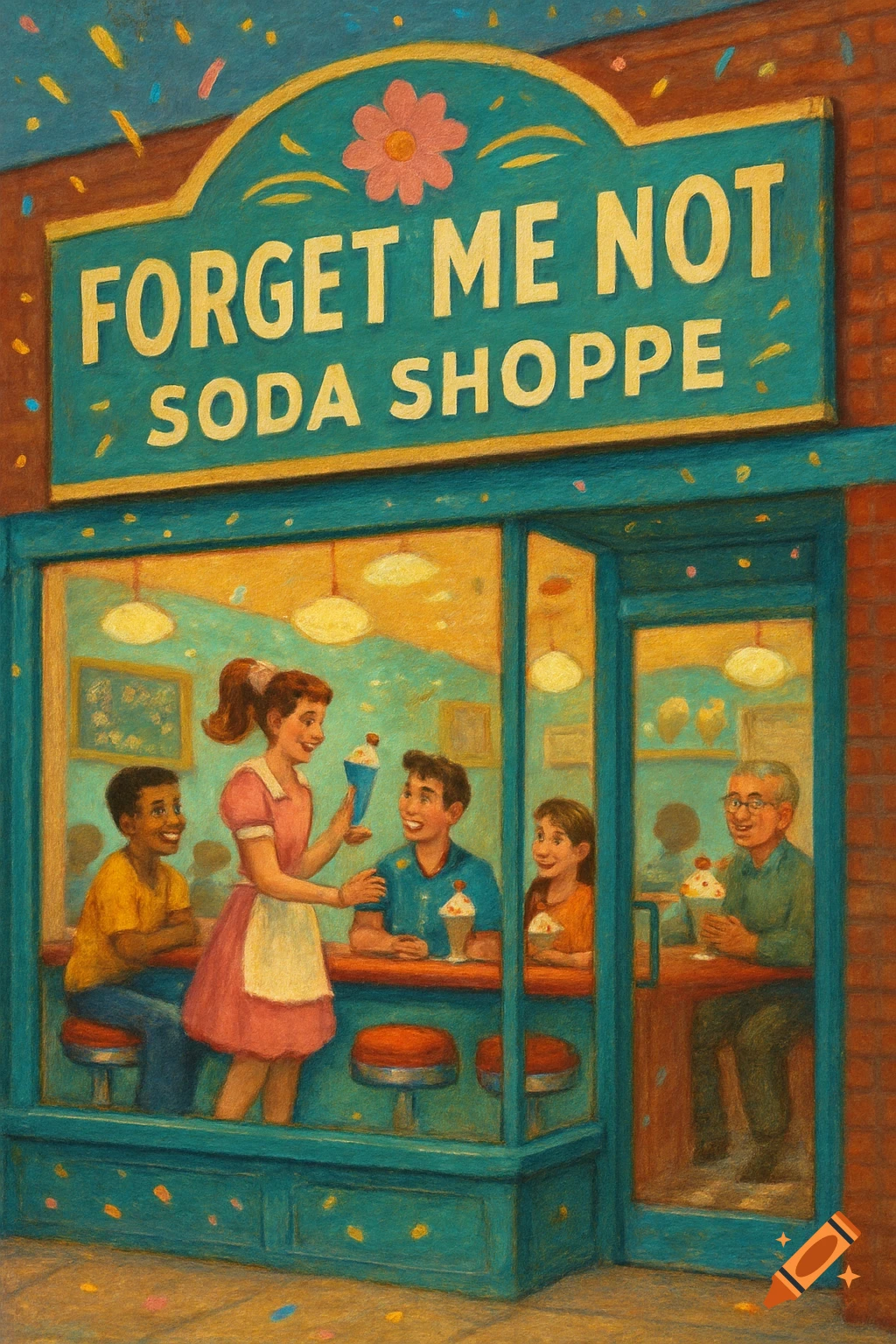 A colorful illustration of people enjoying ice cream and sodas inside a retro soda shoppe with a sign that reads "Forget Me Not Soda Shoppe".