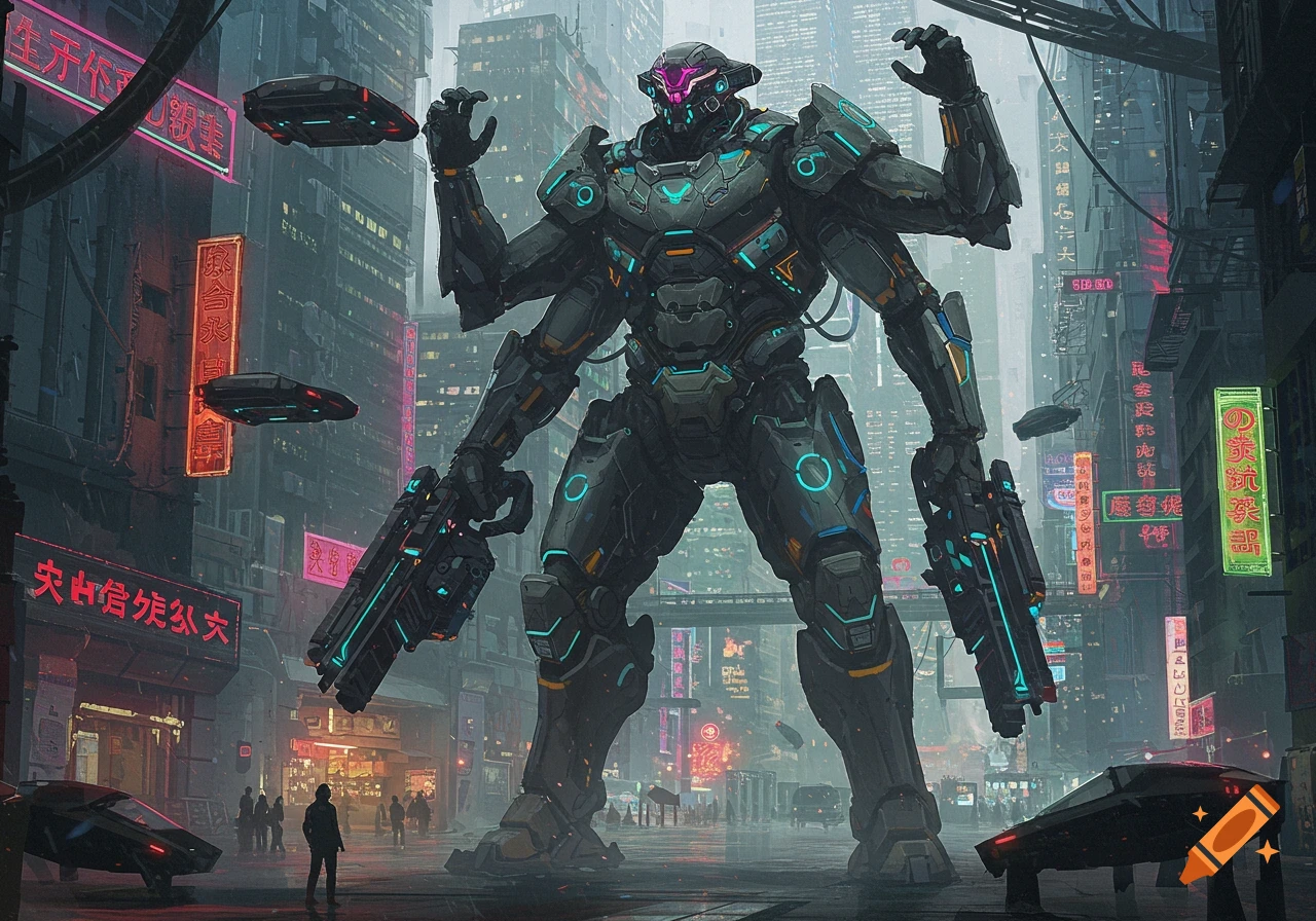 Giant four-armed mech in powered armor stands in a rainy cyberpunk city street.