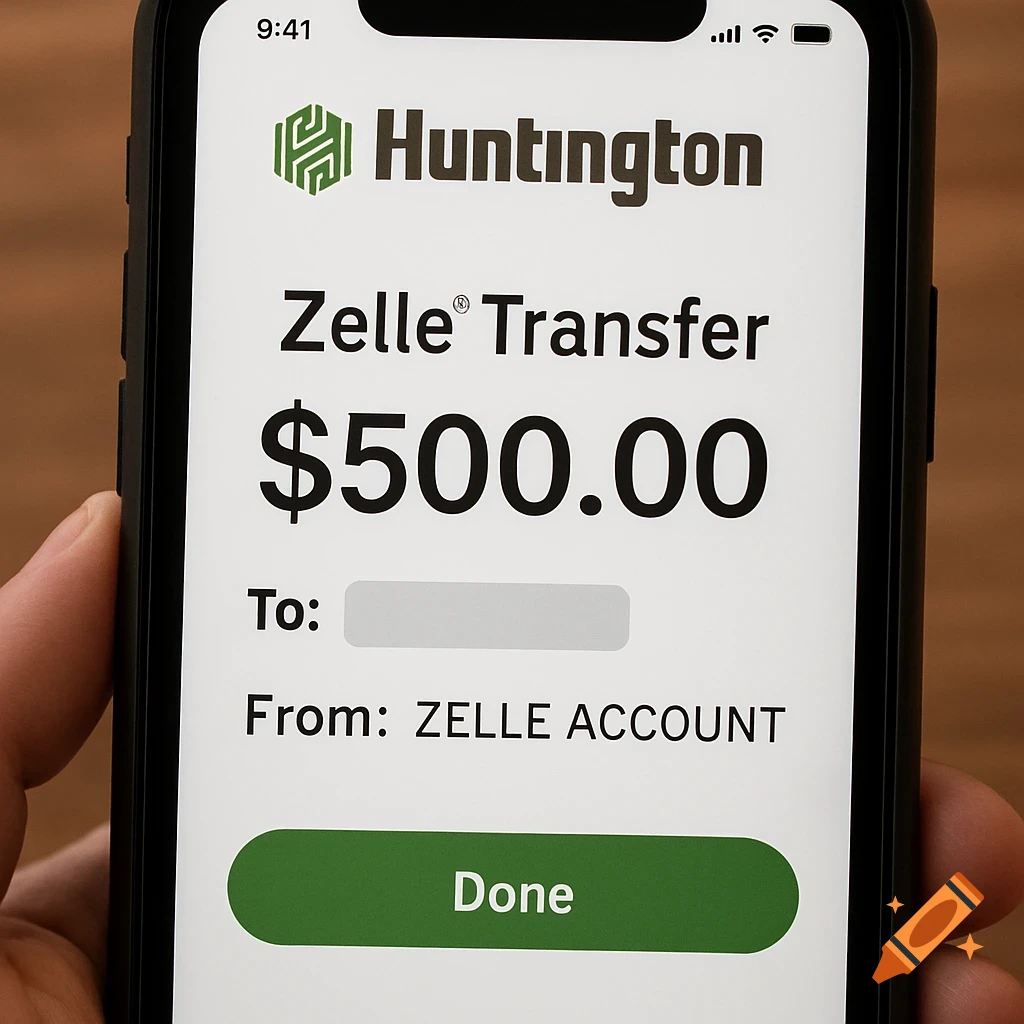 Close-up photo of a smartphone screen showing a Huntington bank app with a Zelle transfer of $500.00.