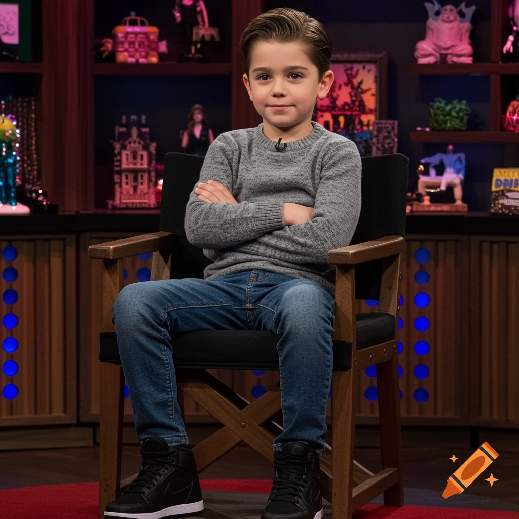 Young boy sitting on a chair with arms crossed in a television studio setting.