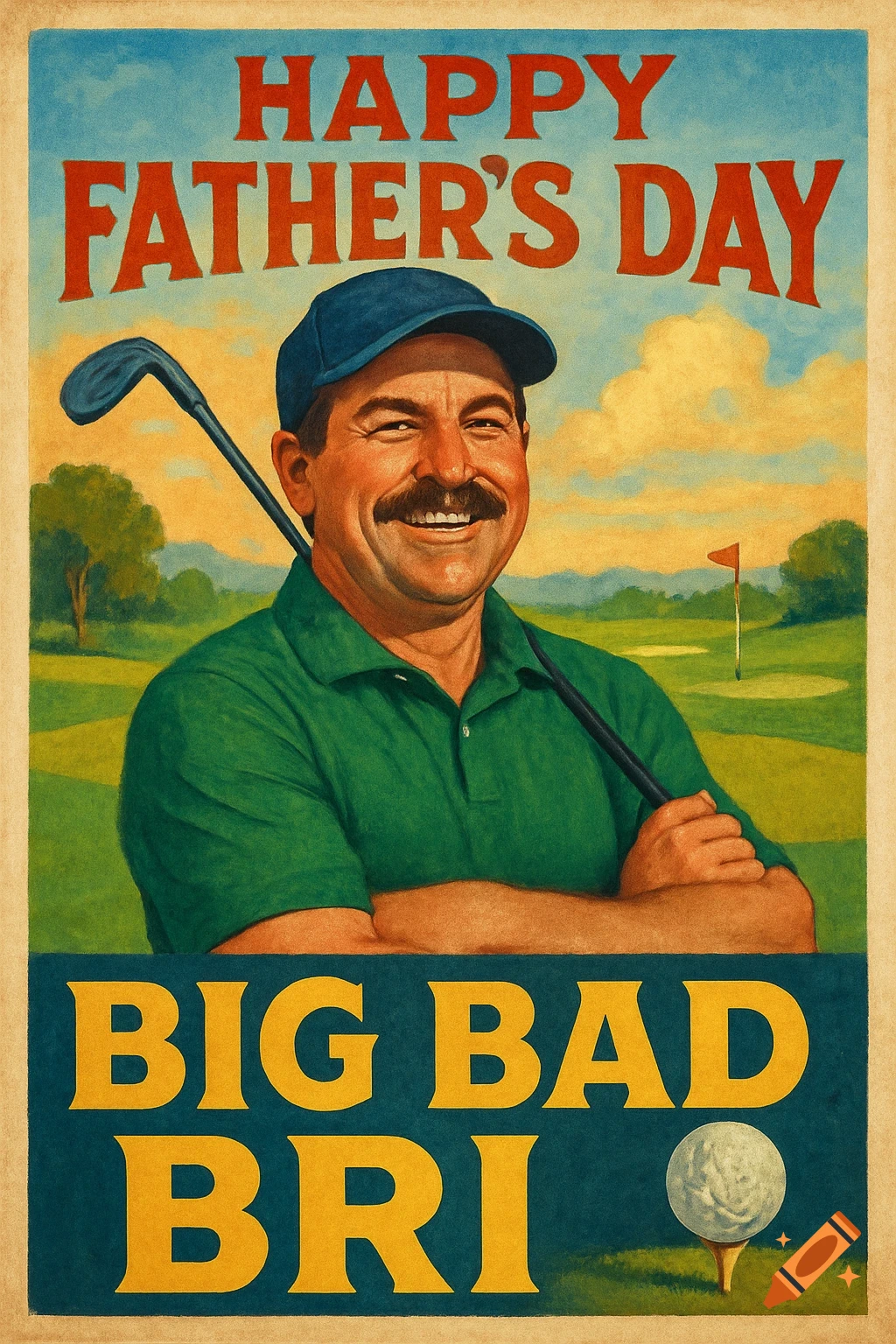 Vintage poster illustration for Happy Father's Day with text 'Happy Father's Day Big Bad Bri', featuring a smiling man with a mustache holding a golf club on a golf course.