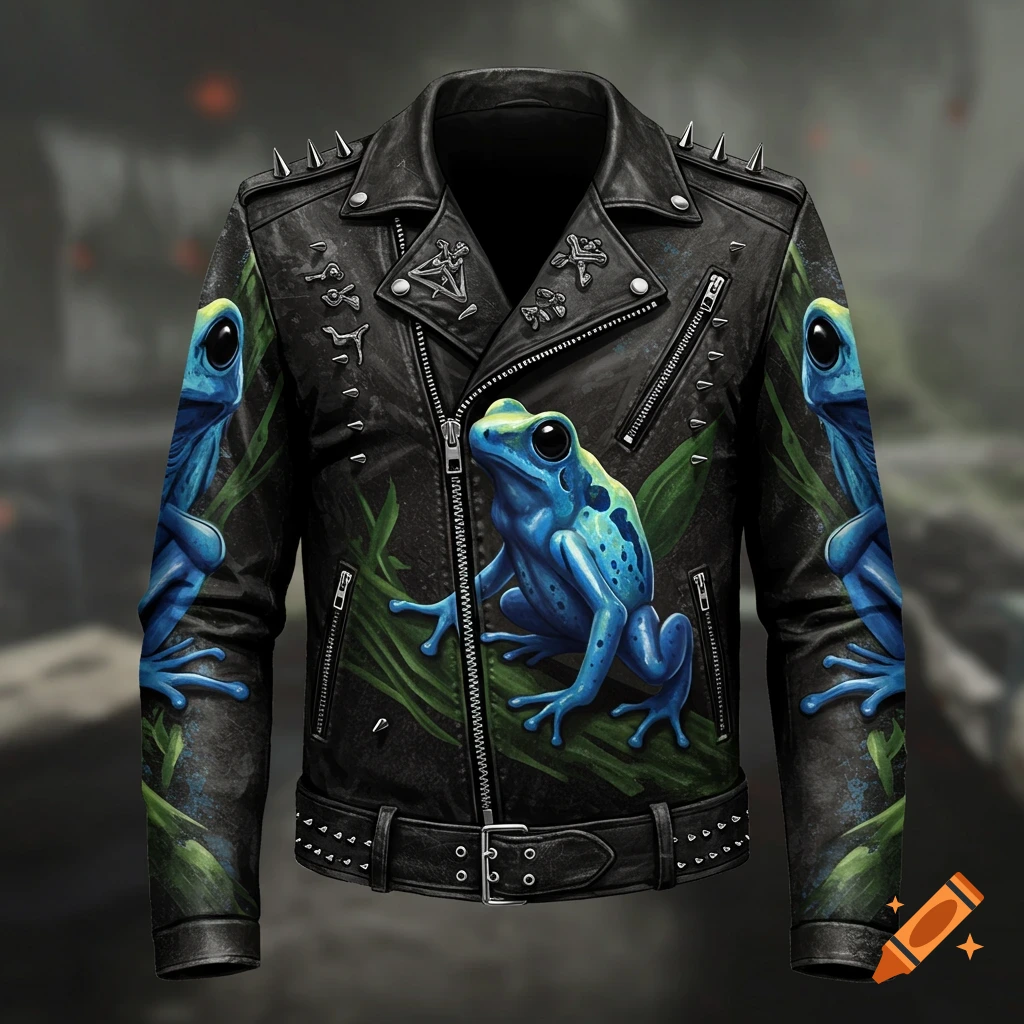 A black leather biker jacket with spikes and zippers features blue poison dart frogs and green foliage design.