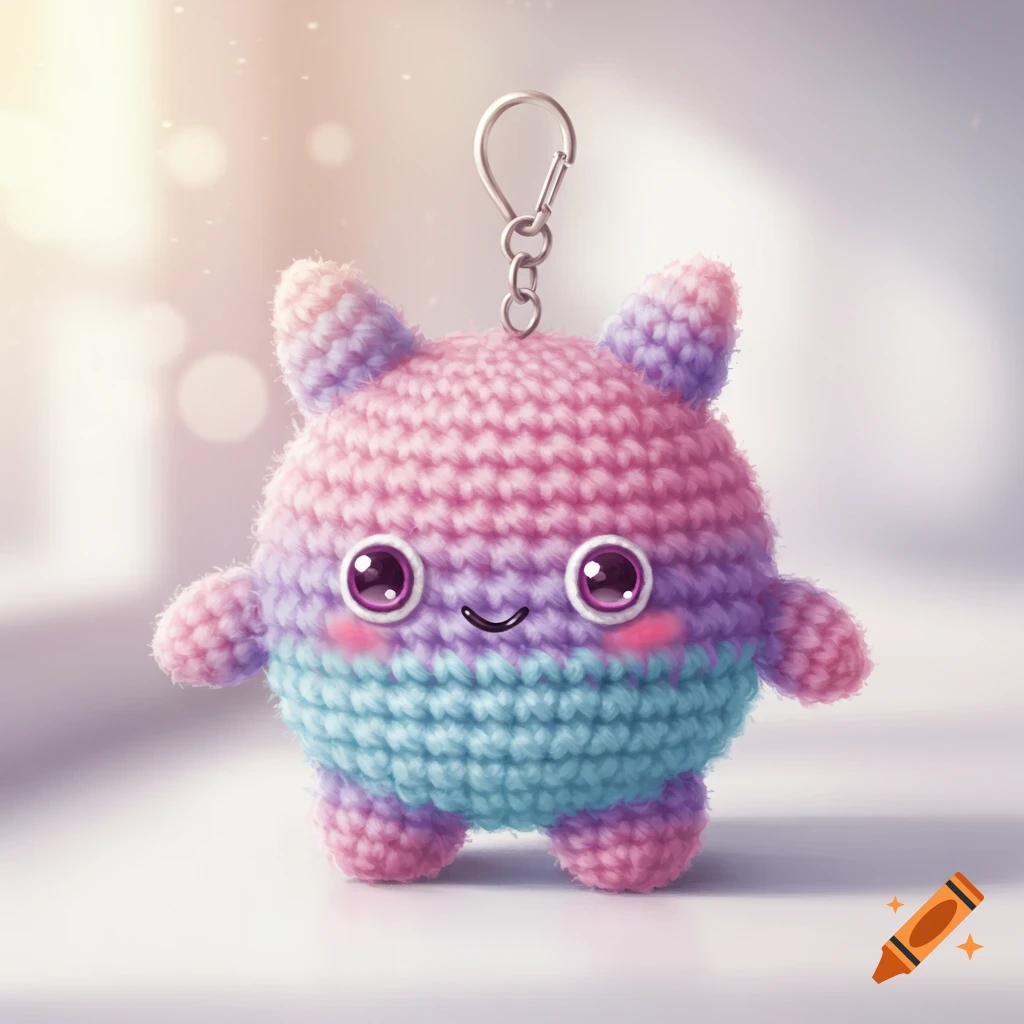 A cute, round crochet monster keychain in pastel pink, purple, and blue, smiling with big eyes.