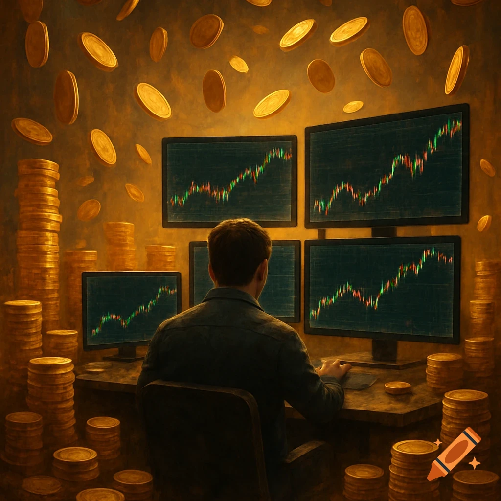 Man viewing multiple stock charts on monitors, surrounded by gold coins, suggesting finance and trading.