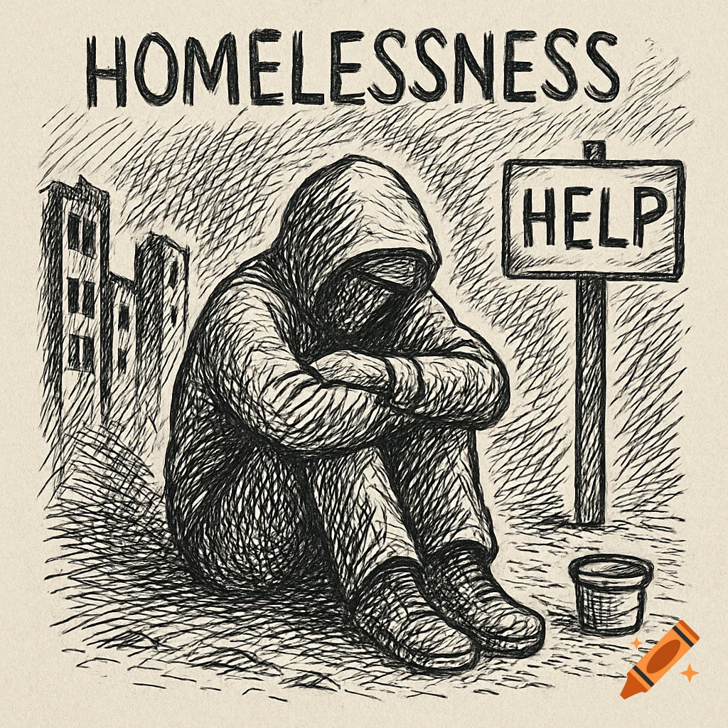 Sketch of a person huddled on the ground near buildings and a sign that says 'HELP'.