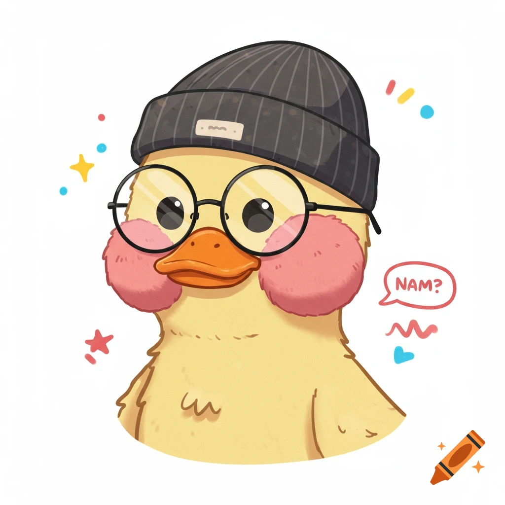 Cartoon duck wearing a beanie and glasses with pink blush and a speech bubble.