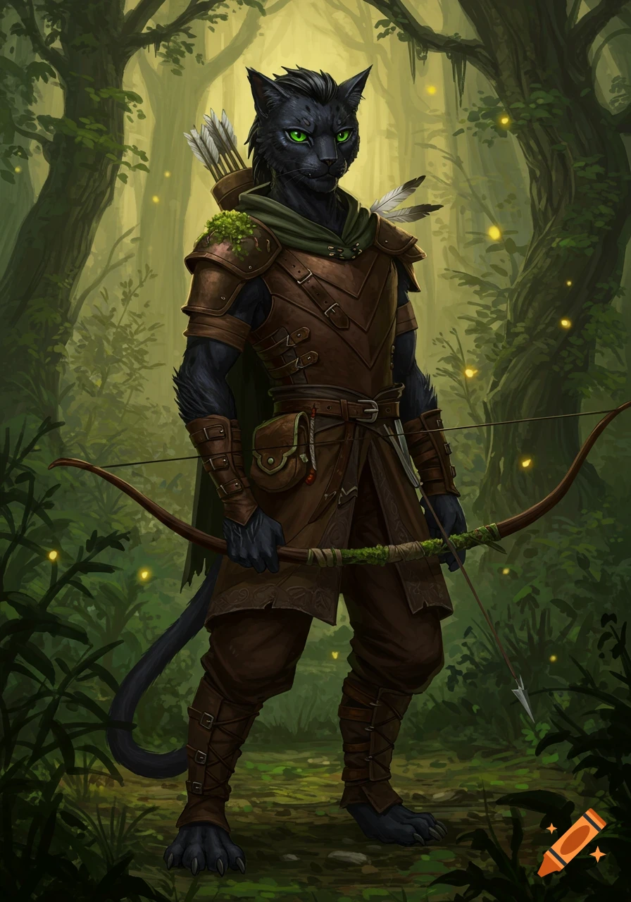 Black catfolk ranger with green eyes in leather armor holding a bow ...