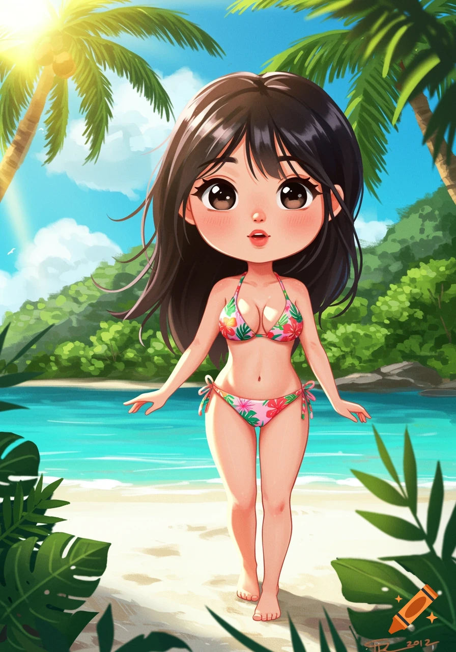 A cute anime woman in a bikini stands on a sunny beach.