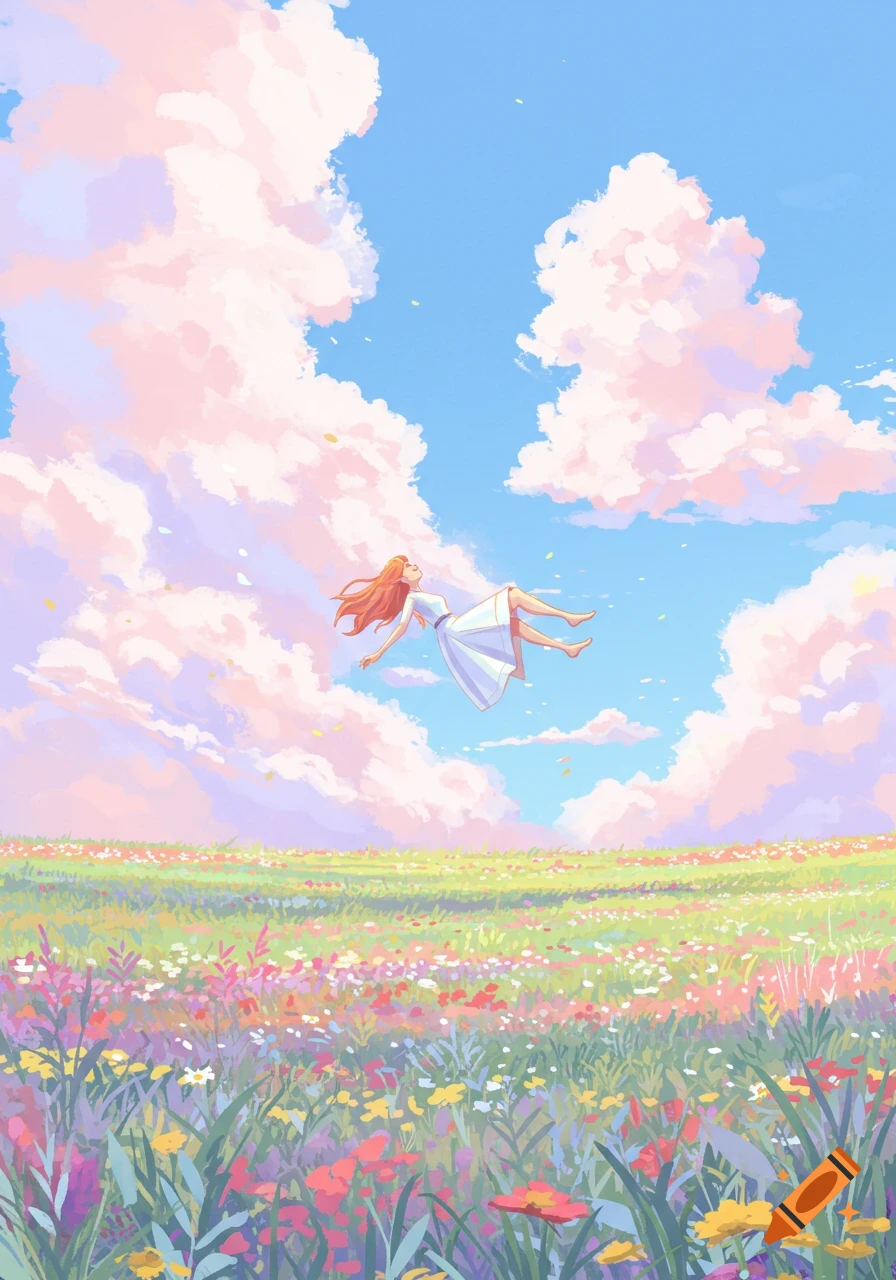 Illustration of a person floating above a field of colorful flowers under a bright blue sky with fluffy clouds.