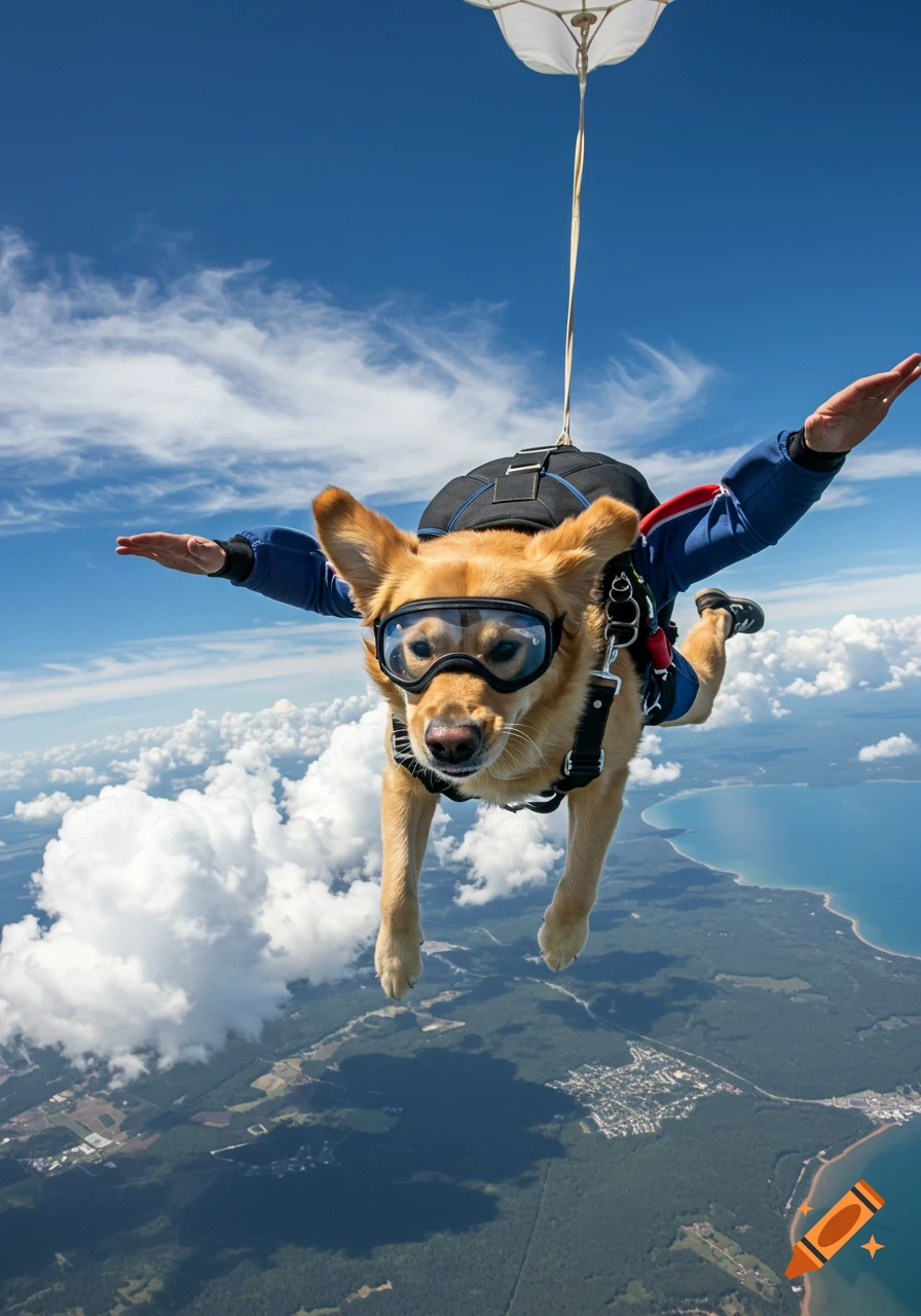 Photo of a dog wearing goggles and harness skydiving with a human tandem partner.