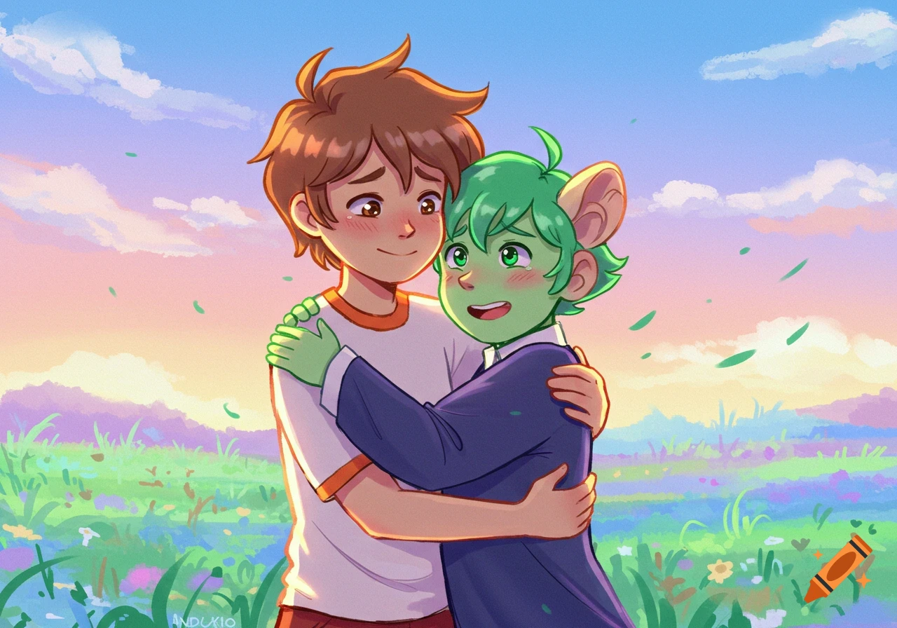 Cartoon characters Sunny and Basil from Omori hugging in a grassy field at sunset.