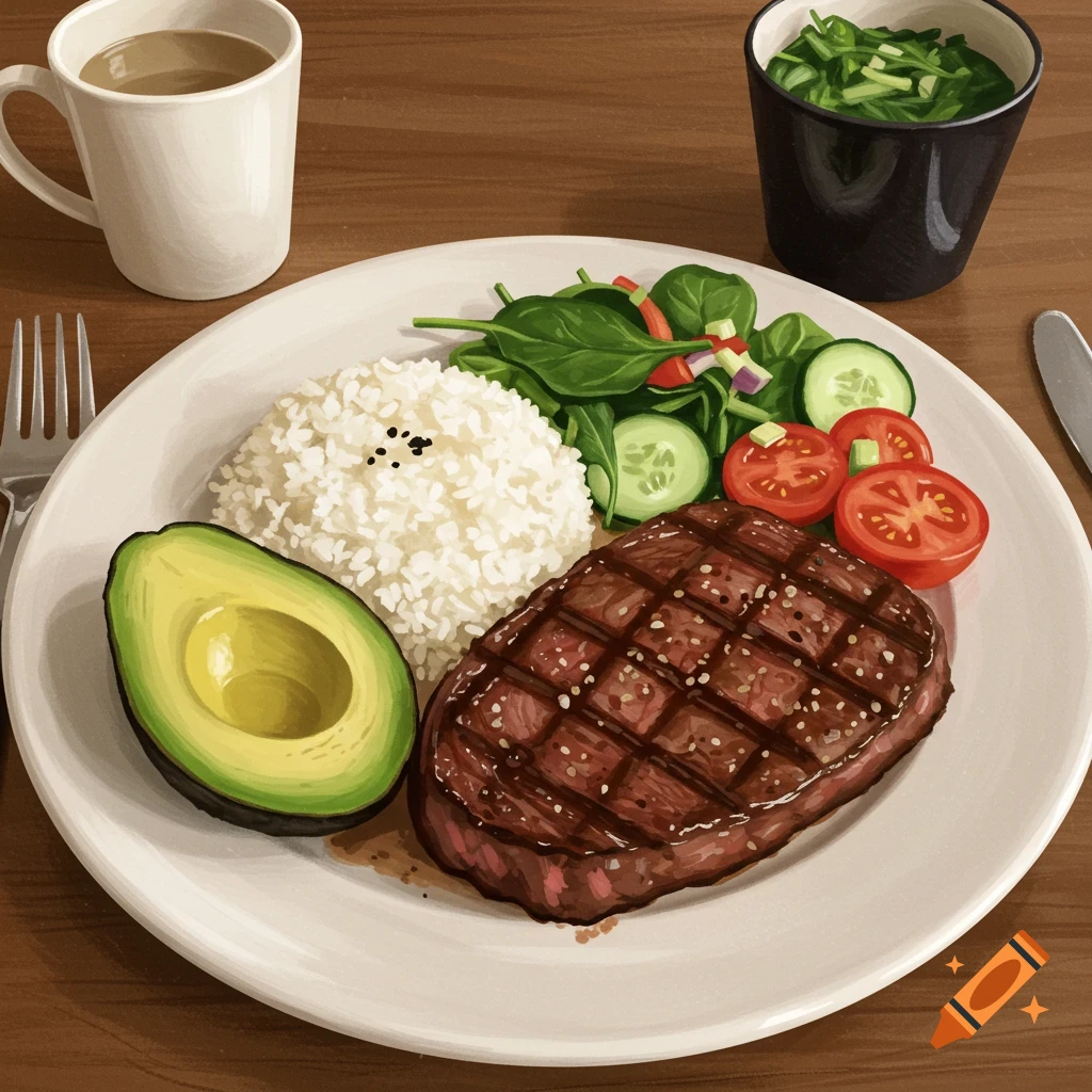 Illustrated dinner plate with steak, rice, avocado, salad, and coffee