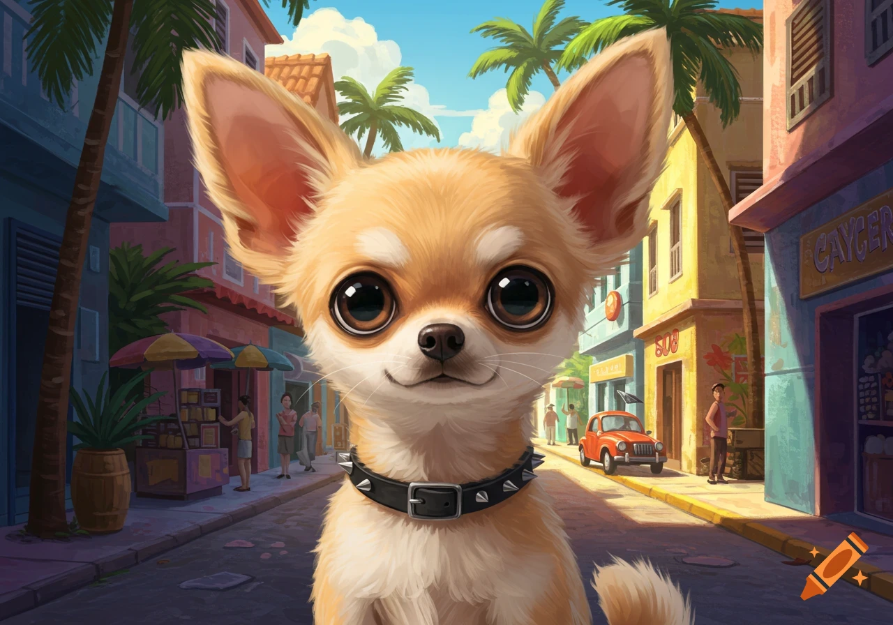 Cute chihuahua with a spiked collar on a tropical city street.