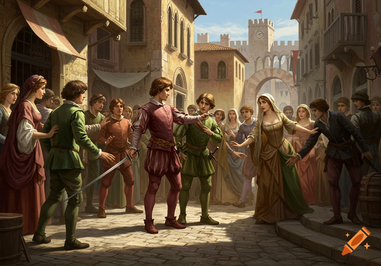 A street scene in a Renaissance town with people in historical clothes confronting each other with swords.