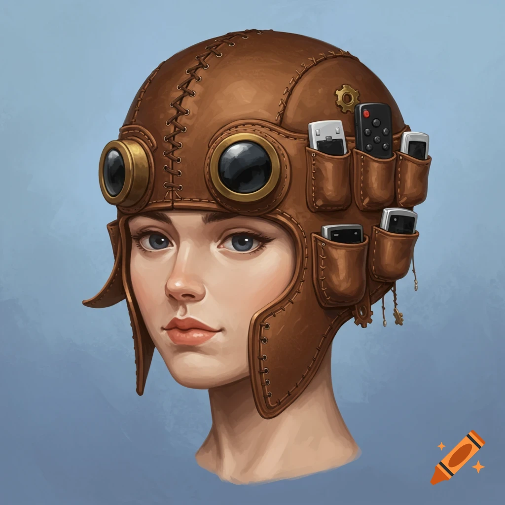 A portrait of a young woman wearing a brown leather steampunk-style helmet with goggles and pockets holding remote controls.