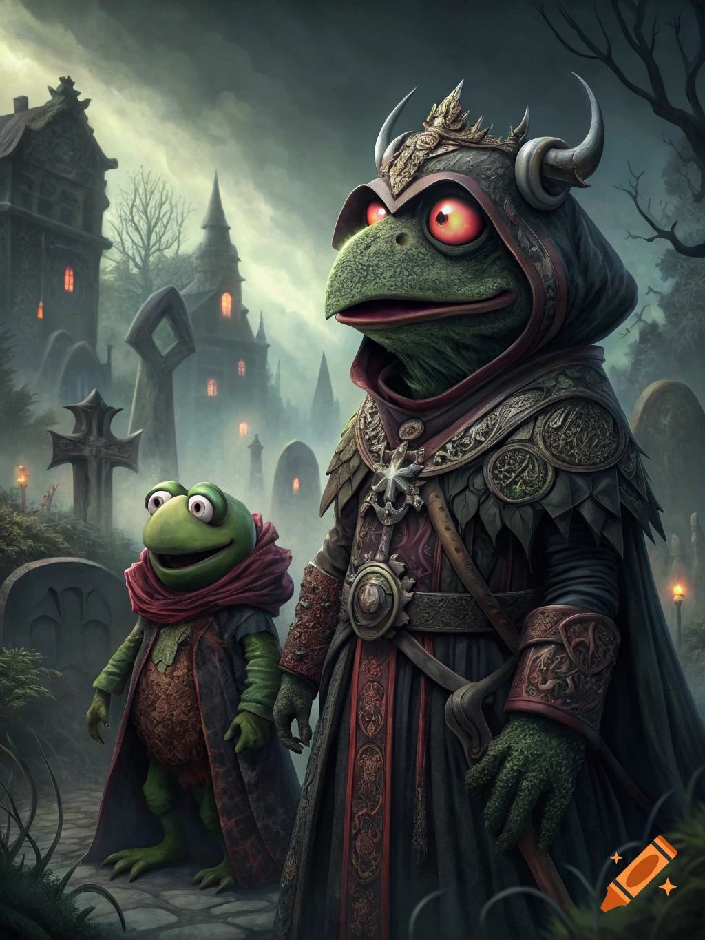 Two dark fantasy-style frog creatures resembling muppets stand in a spooky graveyard.