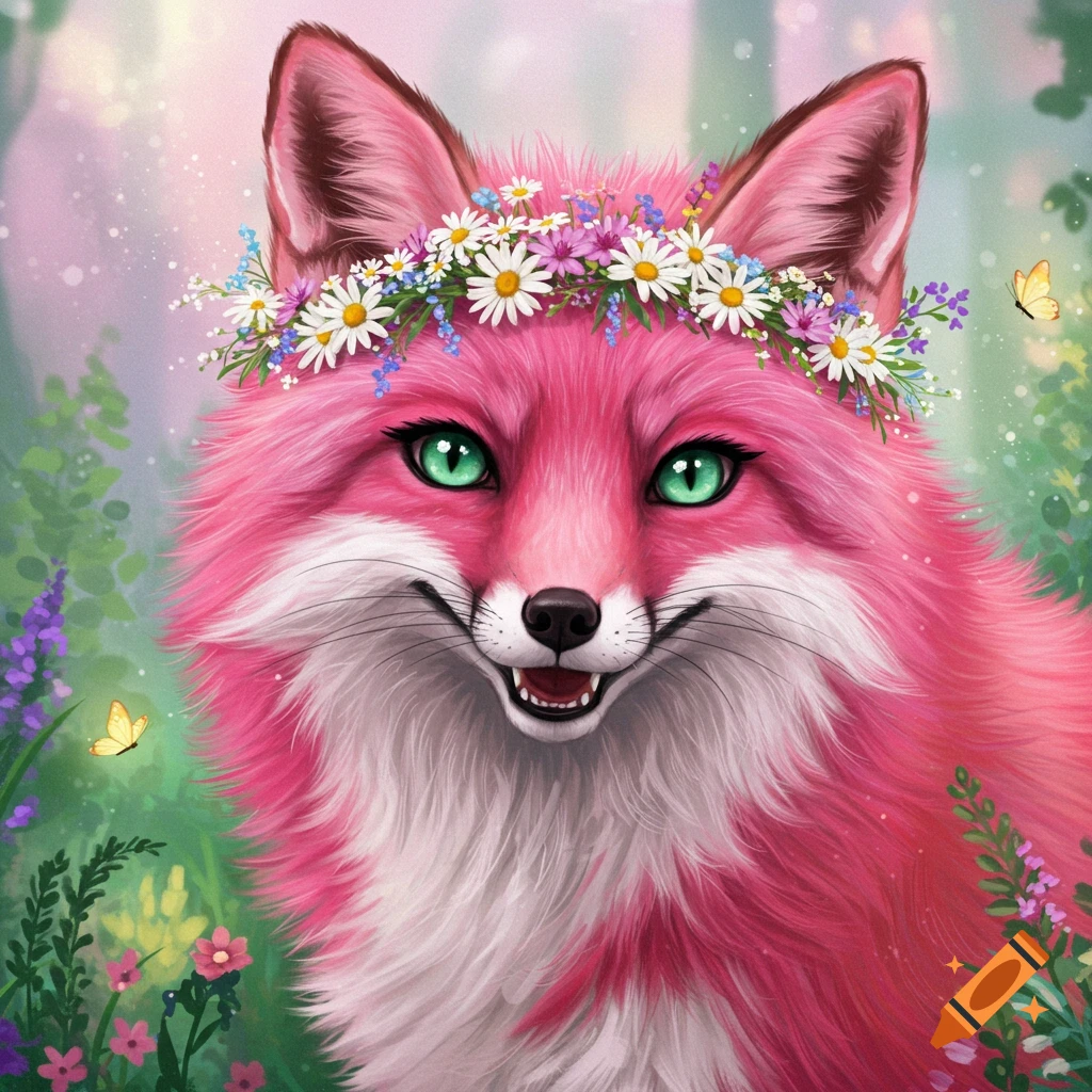 A pink fox with green eyes wears a flower crown in a forest.