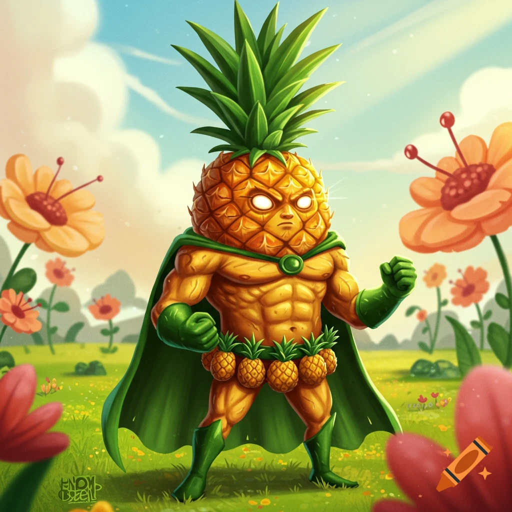 A muscled pineapple superhero wearing a green cape and boots stands in a field of flowers.
