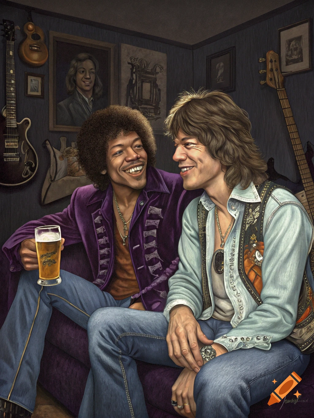Two musicians sitting on a couch, one holding a glass of beer, surrounded by guitars and artwork. Realistic painting style.