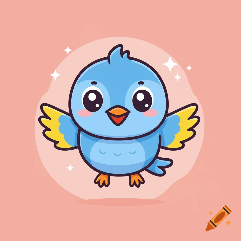 Cute blue cartoon bird with outstretched wings and big eyes.