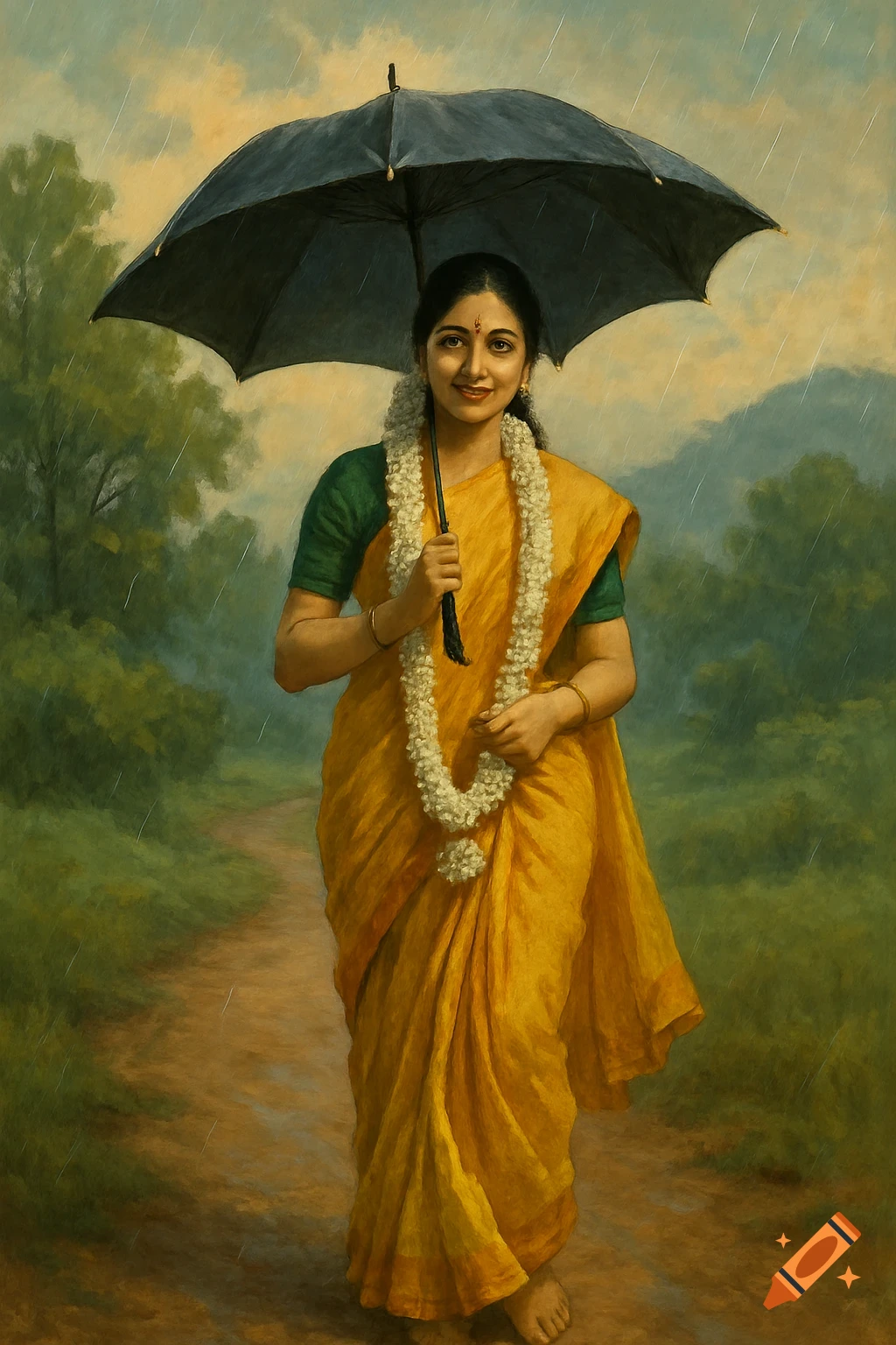 A woman in a yellow saree walks under a black umbrella in the rain on a dirt path, painted style.