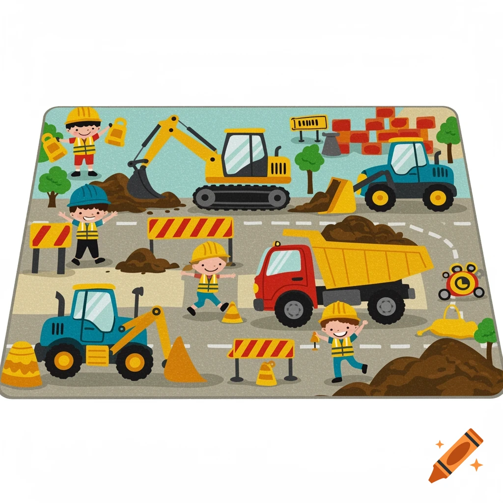 Cartoon illustration of kids playing on a construction zone mat with trucks, excavators, and signs.