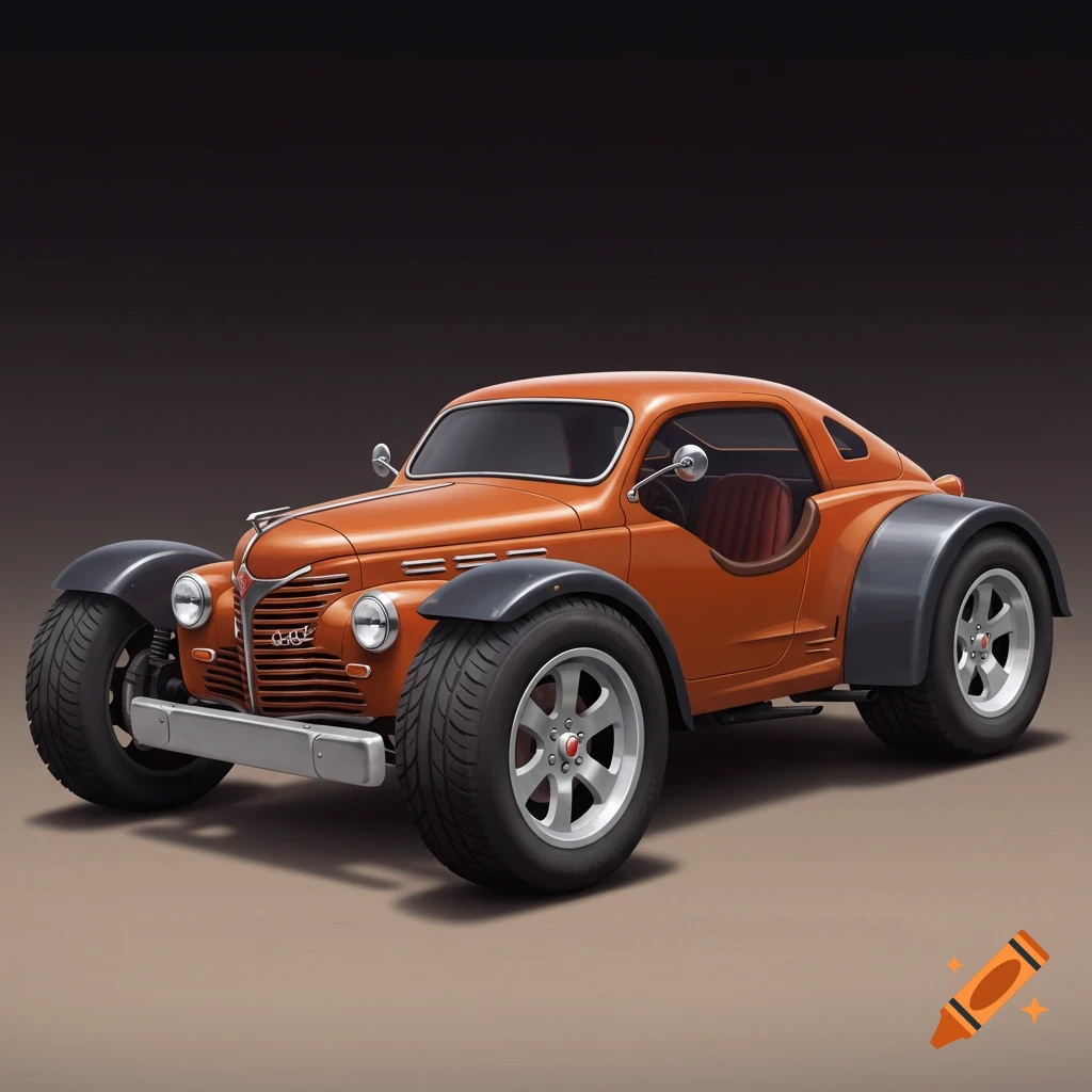 An orange hot rod style car with wide front and rear wheels on a dark background.
