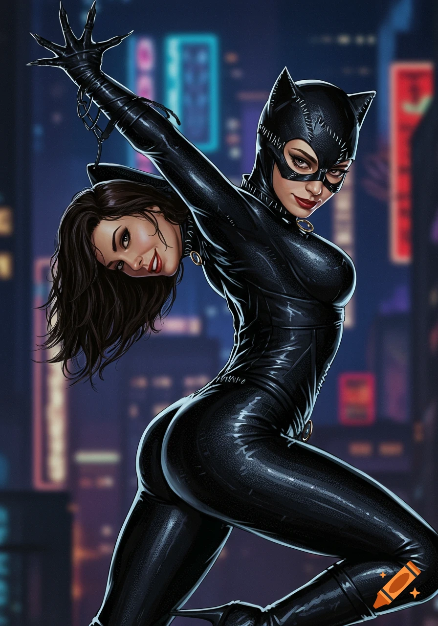 Catwoman arching in her leather suit against a city skyline